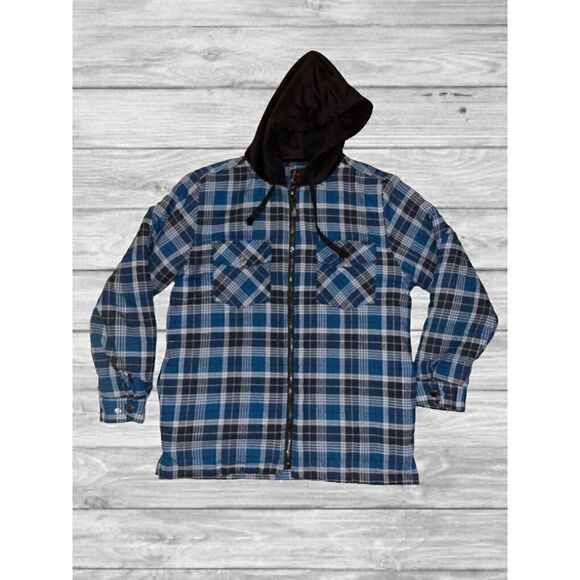 Vintage RQQBA Flannel Plaid Hooded Jacket Youth Size Large Navy Black - Picture 1 of 6